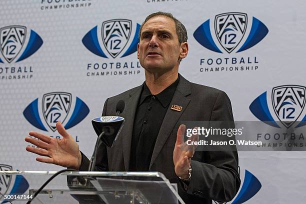 Pac-12 Commissioner Larry Scott speaks during a press conference before the Pac-12 Championship game between the Stanford Cardinal and the USC...