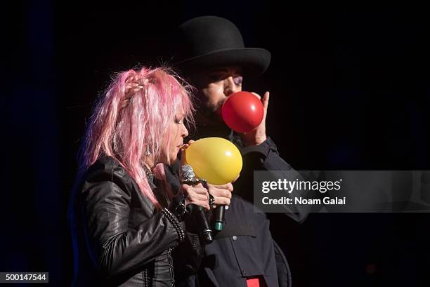 Cyndi Lauper and Boy George perform at the 5th Annual "Cyndi Lauper and Friends: Home For The Holidays" benefit concert at The Beacon Theatre on...