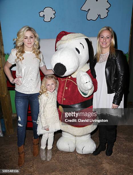 Personality Chloe Lukasiak, Clara Lukasiak, Snoopy and Christi Lukasiak attend Knott's Berry Farm's Countdown To Christmas And Snoopy's Merriest Tree...