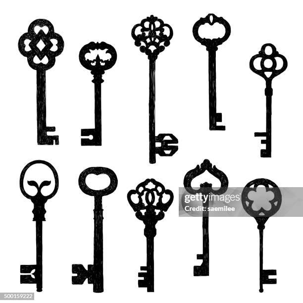 set of sketch old keys - ancient symbols of protection stock illustrations