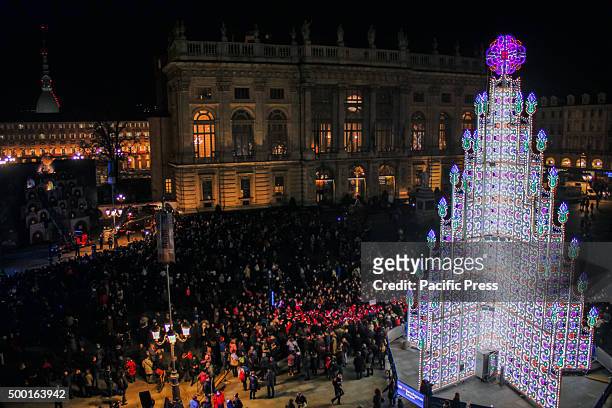 Christmas Tree and advent calendar in Piazza Castello. On background the Mole Antonelliana.