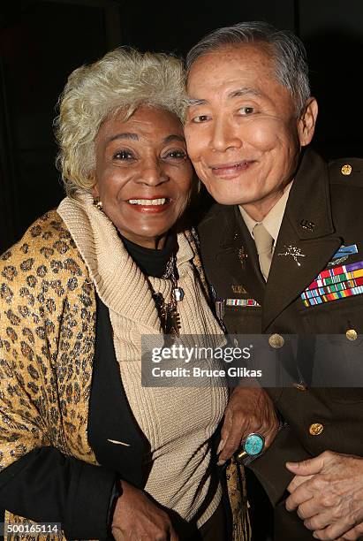 Nichelle Nichols and George Takei pose backstage at the hit musical "Allegiance" on Broadway at The Longacre Theater on December 6, 2015 in New York...
