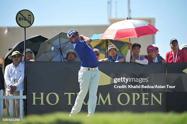 Nicholas Fung of Malaysia plays a shot during round four of the Ho Tram Open at The Bluffs Ho Tram Strip on December 6, 2015 in Ho Chi Minh City,...