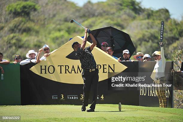 Thaworn Wiratchant of Thailand plays a shot during round four of the Ho Tram Open at The Bluffs Ho Tram Strip on December 6, 2015 in Ho Chi Minh...