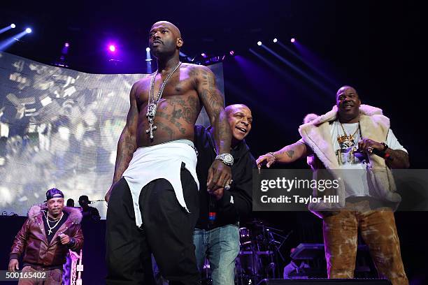 Spliff Star, Treach and Vin Rock of Naughty by Nature, and Busta Rhymes perform during Hot 97's "Busta Rhymes And Friends: Hot For The Holidays" at...