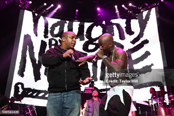 Vin Rock and Treach of Naughty by Nature perform during Hot 97's "Busta Rhymes And Friends: Hot For The Holidays" at Prudential Center on December 5,...