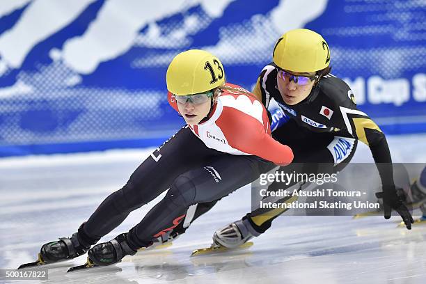 Kasandra Bradette of Canada and Yui Sakai of Japan compete in the ladies 1000m quaterfinal on day three of the ISU World Cup Short Track Speed...