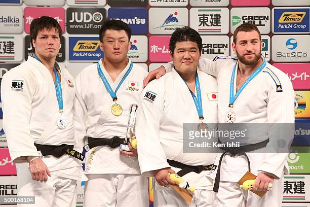 Ryu Shichinohe of Japan , Hisayoshi Harasawa of Japan , Daiki Kamikawa of Japan and Stanislav Bondarenko of Ukraine pose for photo on the podium...