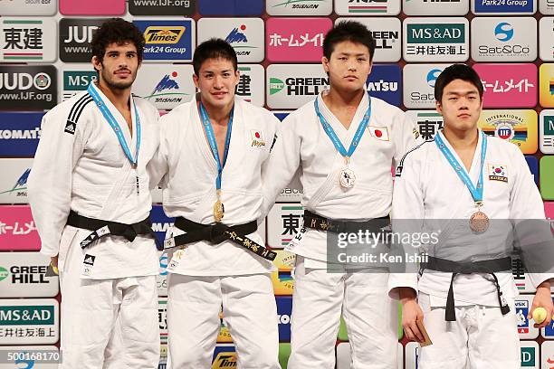 Asley Gonzalez of Cuba , Mashu Baker of Japan , Daiki Nishiyama of Japan and Dong Han Gwak of Korea pose for photo on the podium after the Men's 90kg...