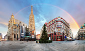Panorama od Vienna square with rainbow - Stephens cathedral, nobody