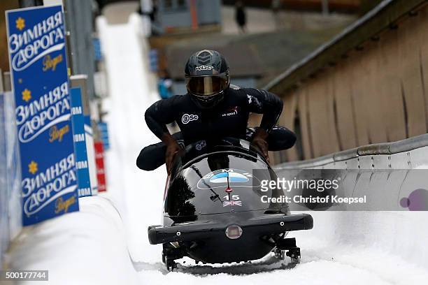Lamin Deen, John Baines, Joel Fearon and Andrew Matthews of Great Britain compete in their second run of the four men's bob competition during the...