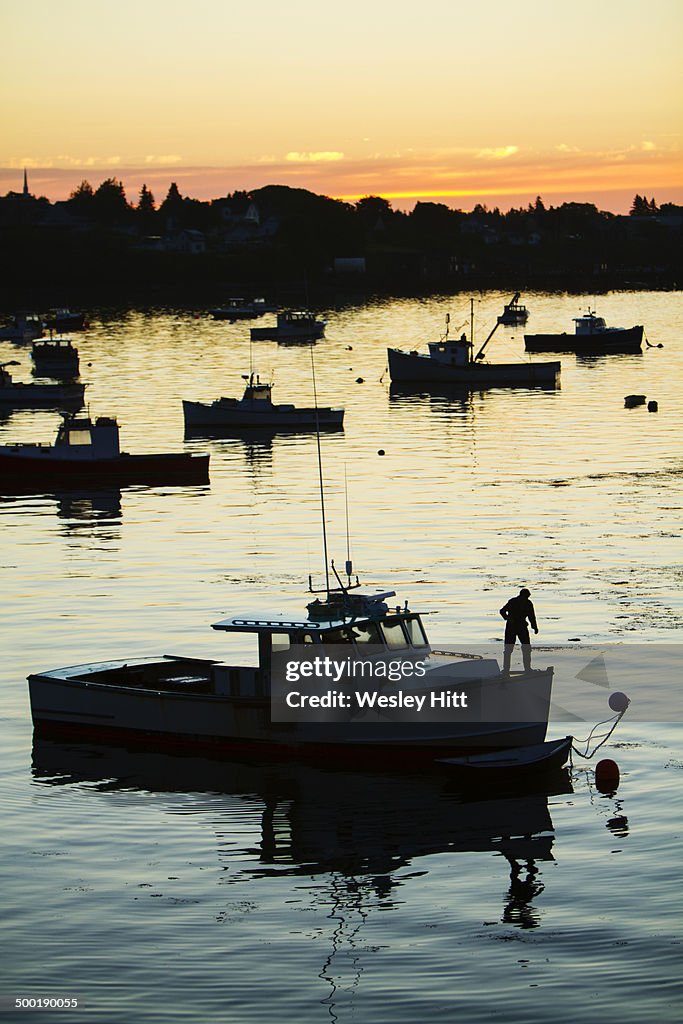 Silhouette of lobster boats and lobstermen Maine