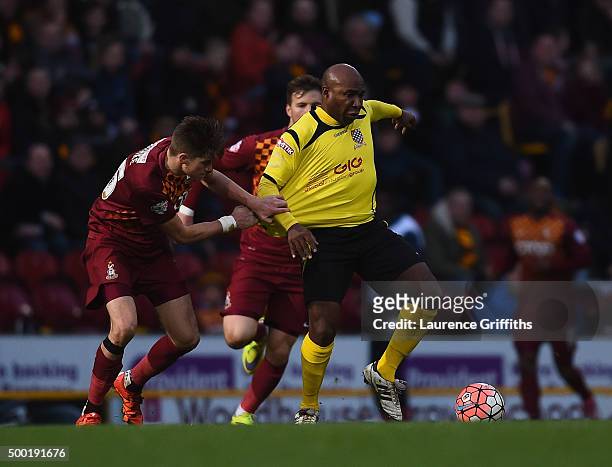 Greg Leigh of Bradford City battles with Barry Hayles of Chesham United during The Emirates FA Cup Second Round match between Bradford City and...