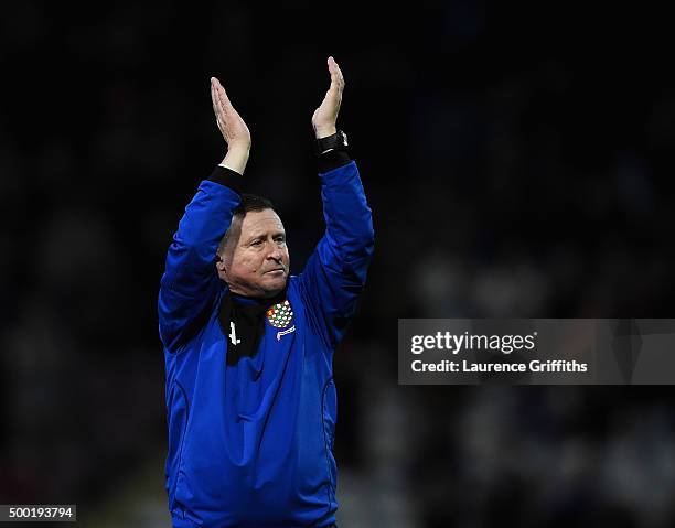 Andy Leese of Chesham United applauds trhe fans after the Emirates FA Cup Second Round match between Bradford City and Chesham United at Coral...