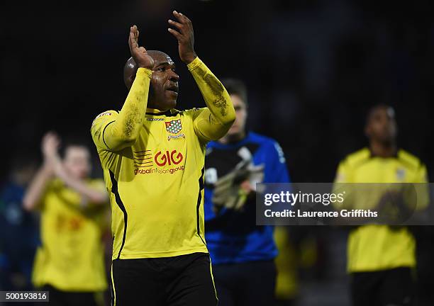 Barry Hayles of Chesham United applauds the fans after the Emirates FA Cup Second Round match between Bradford City and Chesham United at Coral...