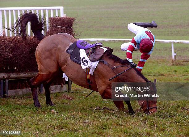 Loch Ard ridden by ridden by Miss S Gould falls at the last at Barbury Racecourse on December 6, 2015 in Barbury, England.