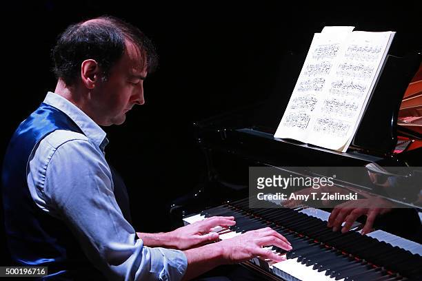Actor Alistair McGowan rehearses at a Steinway piano before a performance of 'Word And Play Celebrity Christmas Gala' at Kings Place on December 6,...