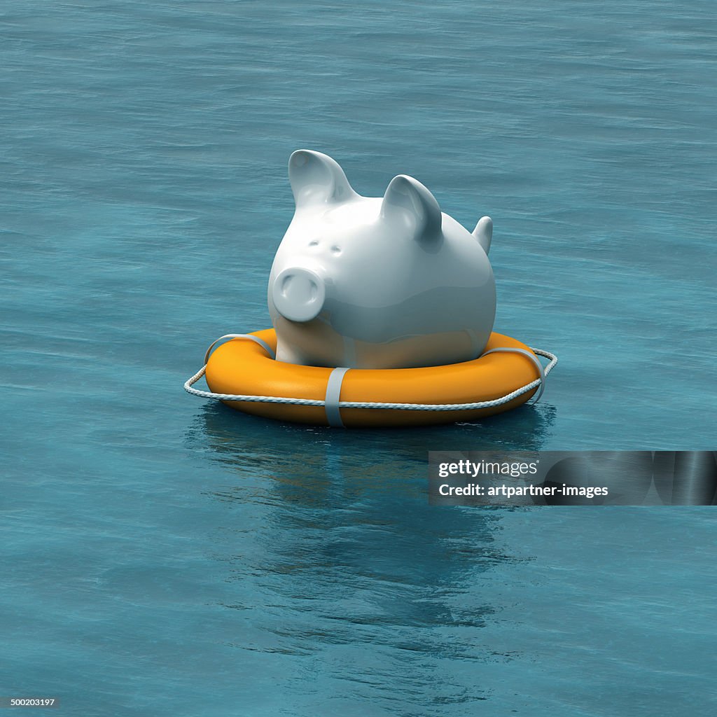 A floating piggy bank in a lifebuoy