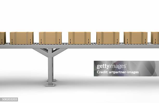 cartons on a conveyor belt on white - fließband stock-fotos und bilder