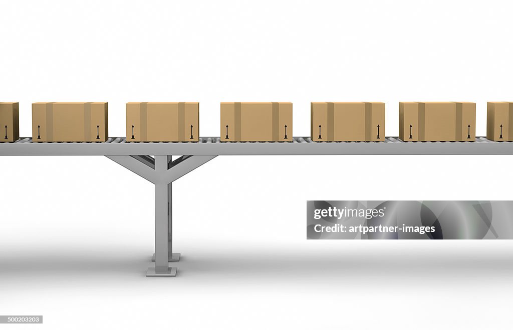 Cartons on a conveyor belt on white