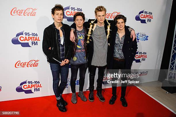 James McVey, Connor Ball, Tristan Evans and Bradley Simpson from the Vamps attends the Jingle Bell Ball at The O2 Arena on December 6, 2015 in...