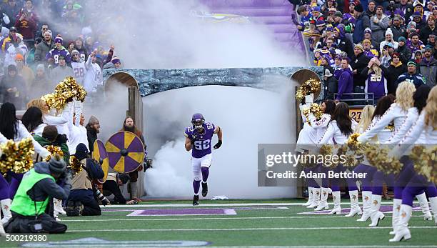 Chad Greenway of the Minnesota Vikings takes the field against the Seattle Seahawks on December 6, 2015 at TCF Bank Stadium in Minneapolis, Minnesota.