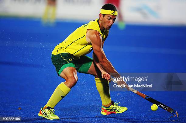 Jamie Dwyer of Australia controls the ball during the final match between Australia and Belgium on day ten of The Hero Hockey League World Final at...
