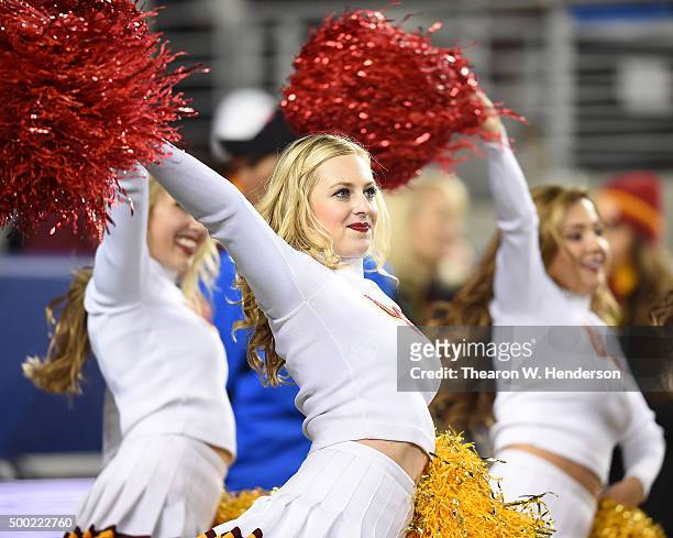 Trojans cheerleaders perform against the Stanford Cardinal during the the NCAA Pac-12 Championship game at Levi's Stadium on December 5, 2015 in...