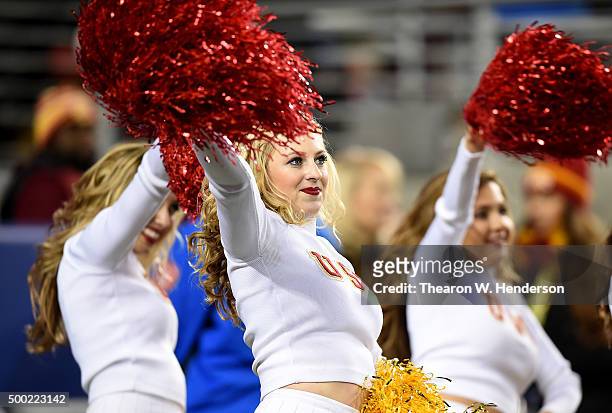 Trojans cheerleaders perform against the Stanford Cardinal during the the NCAA Pac-12 Championship game at Levi's Stadium on December 5, 2015 in...