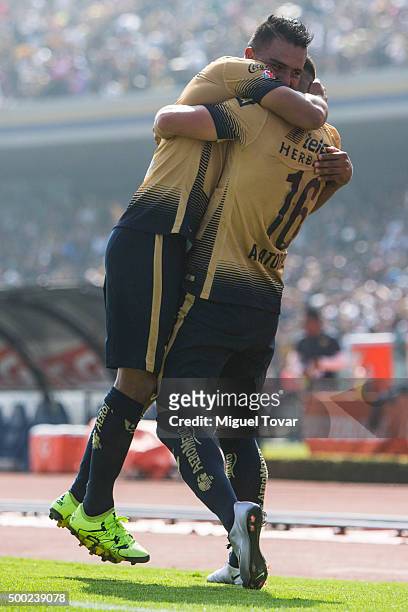 Javier Cortes of Pumas celebrates after scoring during the semifinals second leg match between Pumas UNAM and America as part of the Apertura 2015...