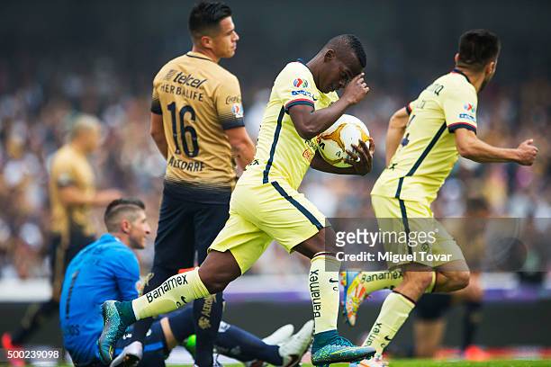 Carlos Quintero of America celebrates after scoring during the semifinals second leg match between Pumas UNAM and America as part of the Apertura...