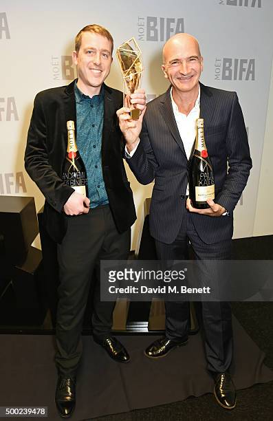 Andrew de Lotbiniere and Paul Katis, winners of the Producer of the Year Award for "Kajaki: The True Story", poses at the Moet British Independent...