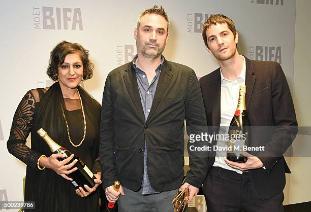 Alex Garland , winner of the Best Screenplay award for "Ex-Machina", poses with Meera Syal and Jim Sturgess at the Moet British Independent Film...