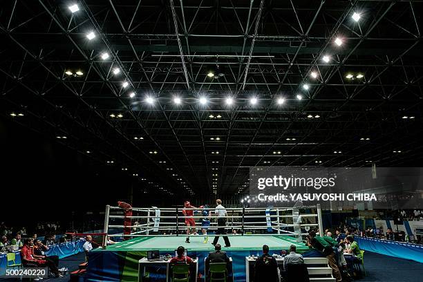 General view of the boxing ring is seen during the international Boxing tournament as a test event for Rio 2016 Olympic games at Riocentro in Rio de...