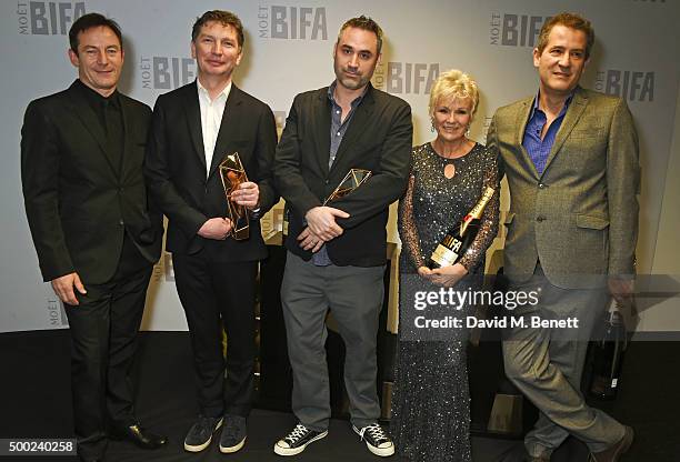 Presenters Jason Isaacs and Julie Walters pose with Andrew Macdonald, Alex Garland and Allon Reich, winners of the Best British Independent Film...