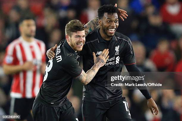 Alberto Moreno and Daniel Sturridge of Liverpool celebrate during the Capital One Cup Quarter Final between Southampton and Liverpool at St Mary's...