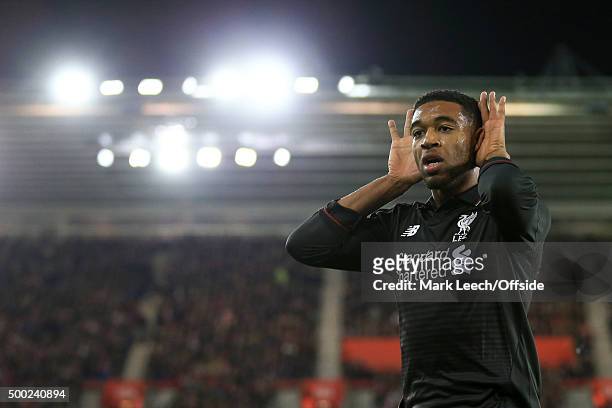 Jordon Ibe of Liverpool celebrates scoring the 5th goal during the Capital One Cup Quarter Final between Southampton and Liverpool at St Mary's...