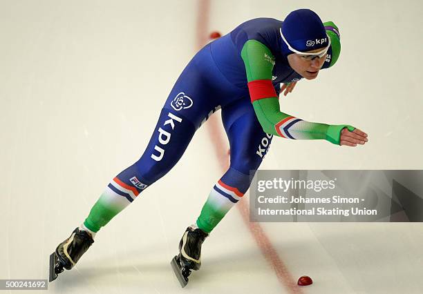 Diane Valkenburg of Netherlands participates in the ladies 1500m heats during day 3 of ISU speed skating world cup at Max Aicher Arena on December 6,...