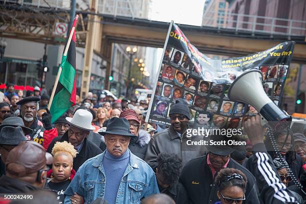 Reverend Jesse Jackson leads demonstrators down State Street to protest the death of Laquan McDonald and the alleged cover-up that followed on...