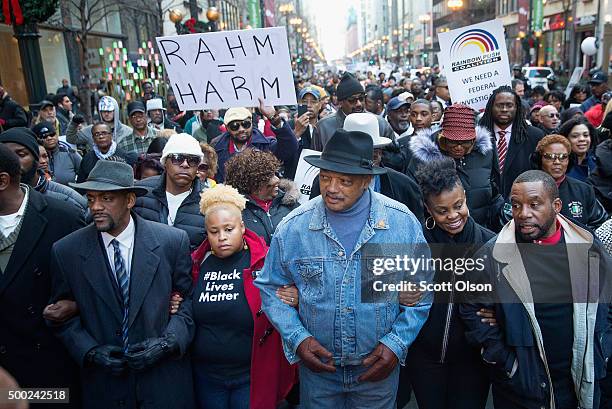 Reverend Jesse Jackson leads demonstrators down State Street to protest the death of Laquan McDonald and the alleged cover-up that followed on...