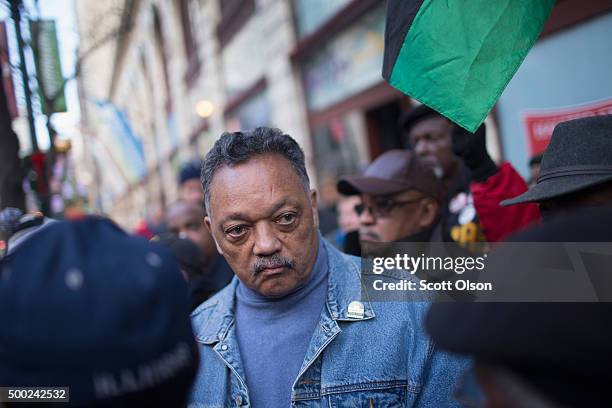 Reverend Jesse Jackson leads demonstrators down State Street to protest the death of Laquan McDonald and the alleged cover-up that followed on...