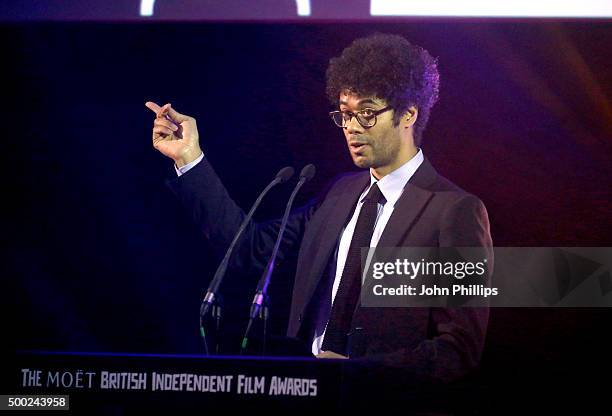 Host Richard Ayoade speaks at The Moet British Independent Film Awards 2015 at Old Billingsgate Market on December 6, 2015 in London, England.