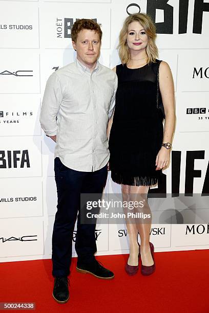 Director Dan Hodgson and guest arrive at The Moet British Independent Film Awards 2015 at Old Billingsgate Market on December 6, 2015 in London,...