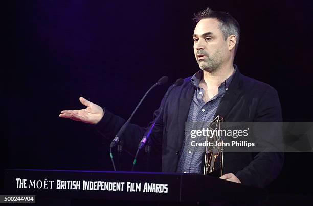 Alex Garland wins the Best Director award for 'Ex Machina' at The Moet British Independent Film Awards 2015 at Old Billingsgate Market on December 6,...