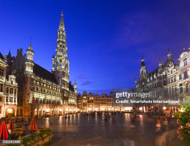 majestic brussels grand place illuminated at dusk, belgium - grand place stock-fotos und bilder