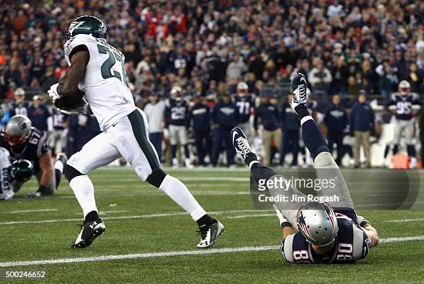 Malcolm Jenkins of the Philadelphia Eagles intercepts a pass intended for Danny Amendola of the New England Patriots and returns it for a touchdown...