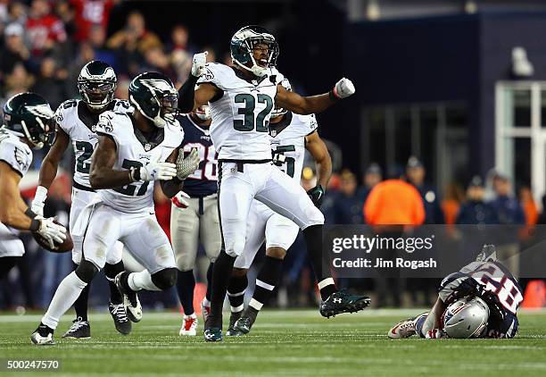 Eric Rowe of the Philadelphia Eagles celebrates after an incomplete New England Patriots pass during the fourth quarter at Gillette Stadium on...