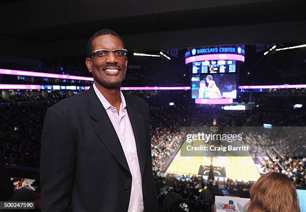 Nets legend, Albert King, stops by The Centurion Suite by American Express Sunday night during the Nets vs. Warriors game at Barclays Center on...