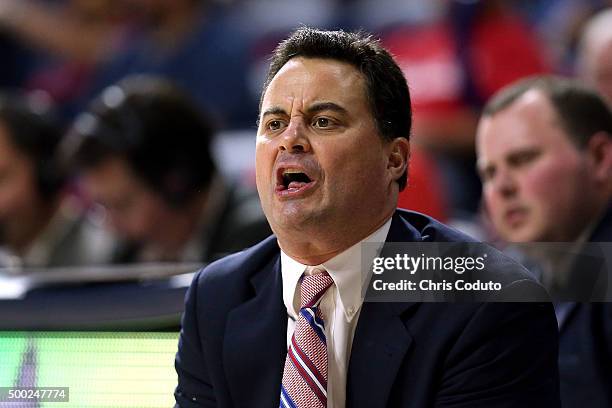 Head coach Sean Miller of the Arizona Wildcats yells during the second half of the college basketball game against the Bradley Braves at McKale...