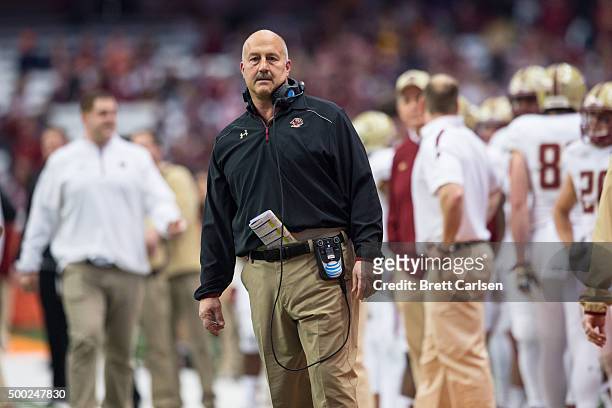 Head coach Steve Addazio of the Boston College Eagles watches game action from the sideline during the game against the Syracuse Orange on November...
